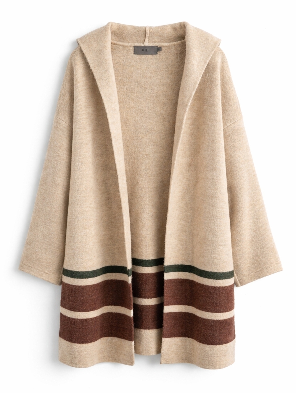 Jolie Hooded Blanket Cardigan, M/L Neutral Stripe Open Front Cozy Boho Layering